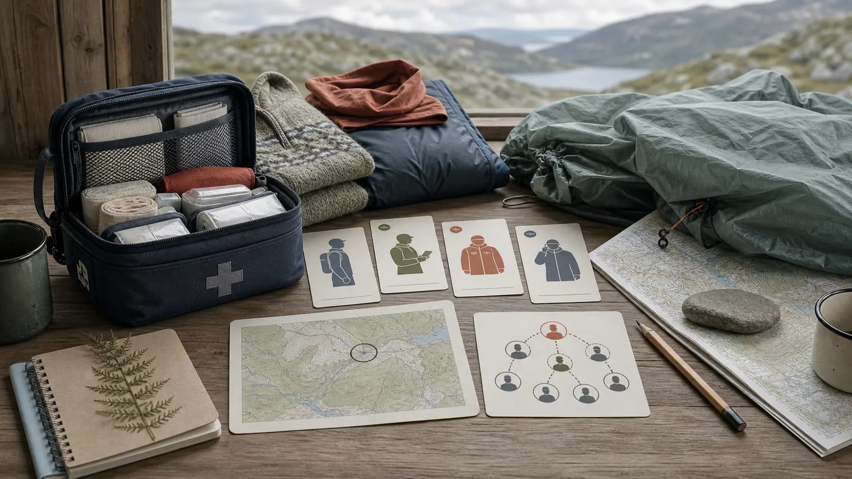 Illustrerad första hjälpen-plan med kit, värmeplagg, rollkort, karta och larmkedja.