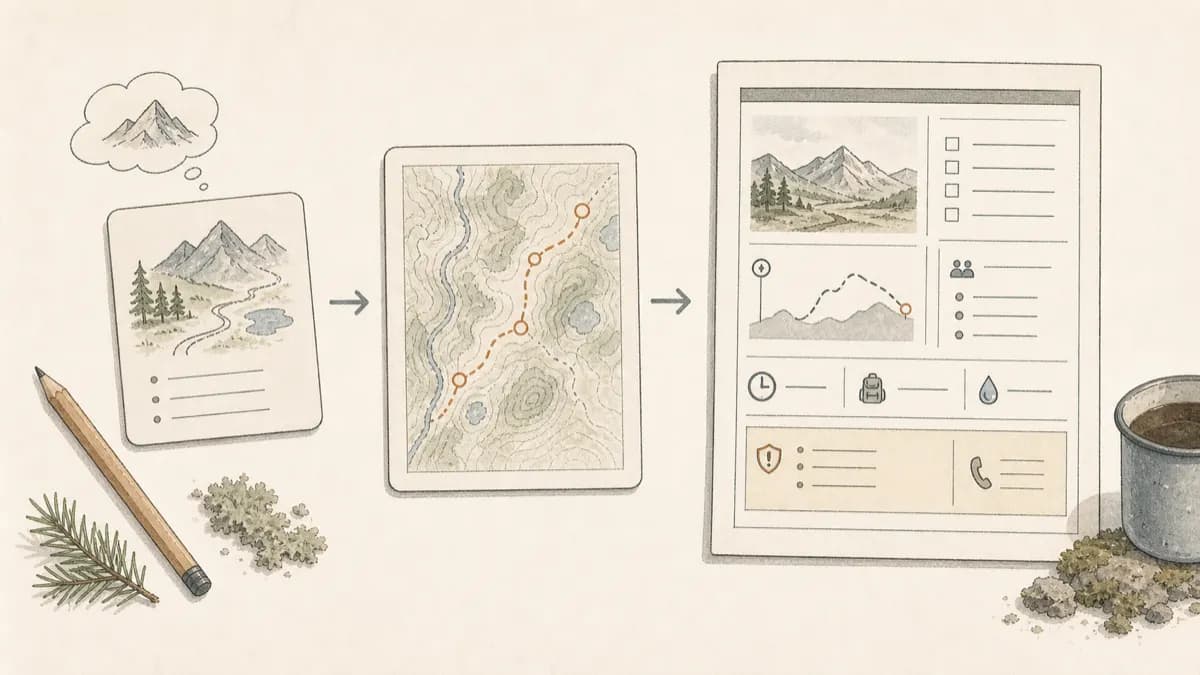 Illustrerad process från turidé till ruttkarta och färdig turplan.