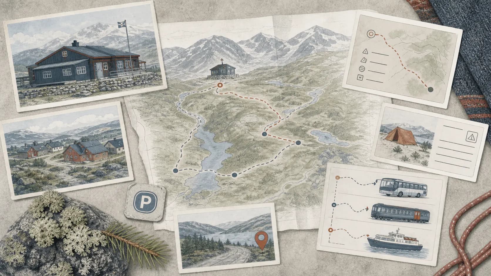 Illustrerad fjällstation, ledkort, bokningskort, lokal karta och transportplan.