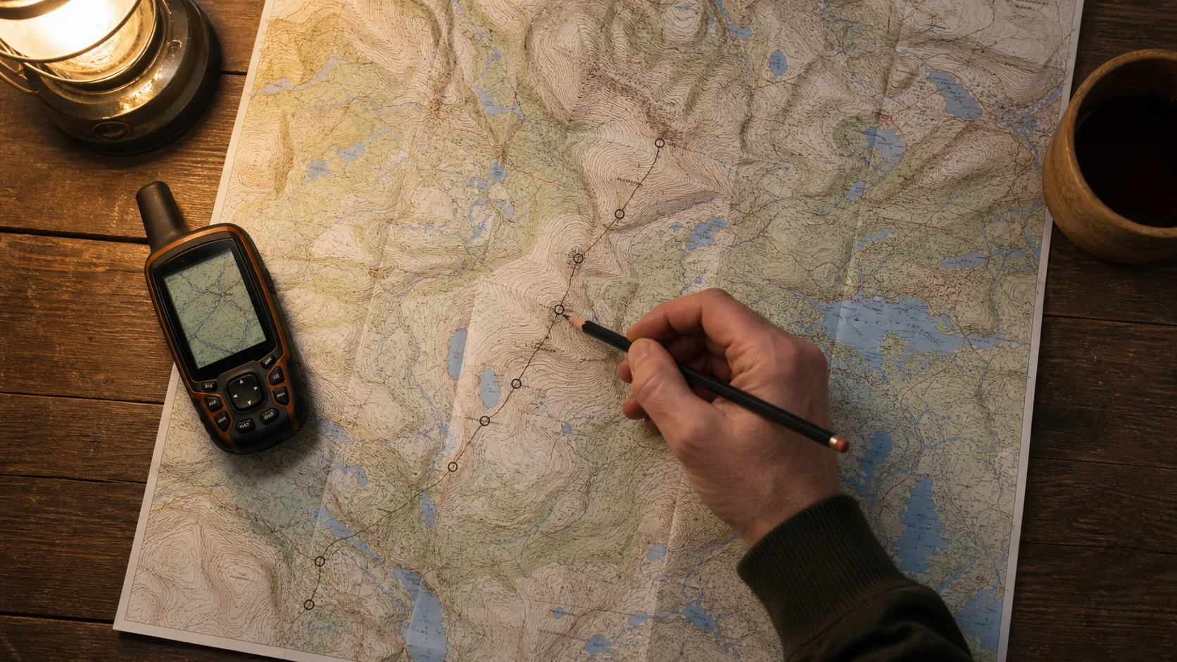 Hand markerar waypoints på topografisk fjällkarta