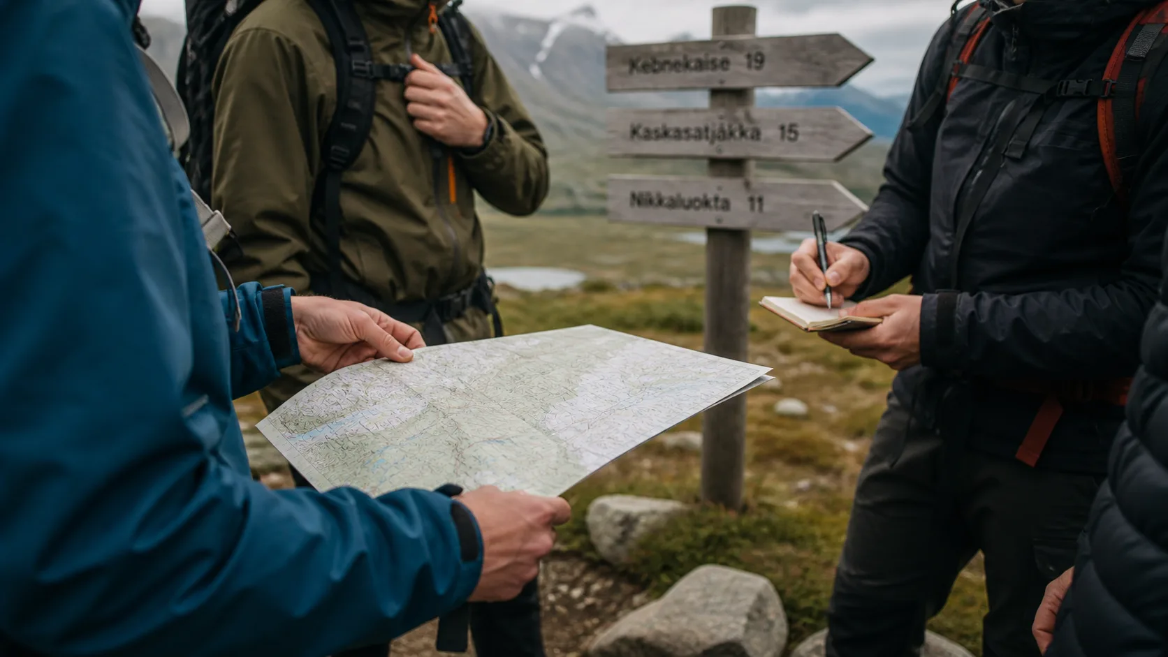 Grupp samlas vid stigfäste innan turstart