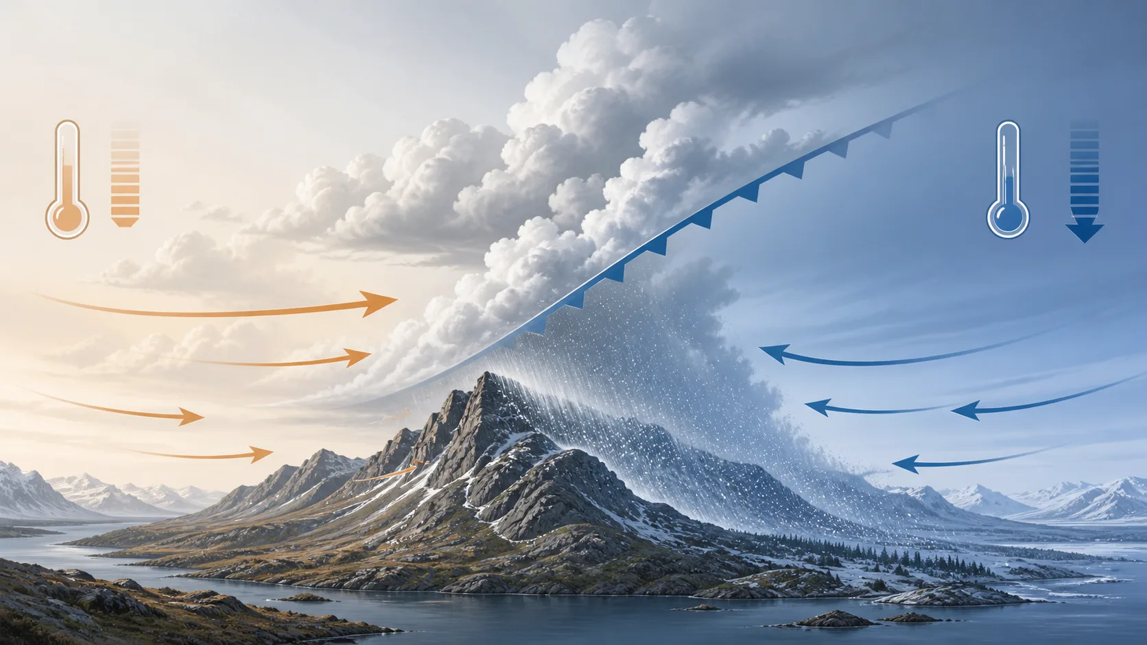 Schematisk frontpassage med temperaturkurva och vindvridning
